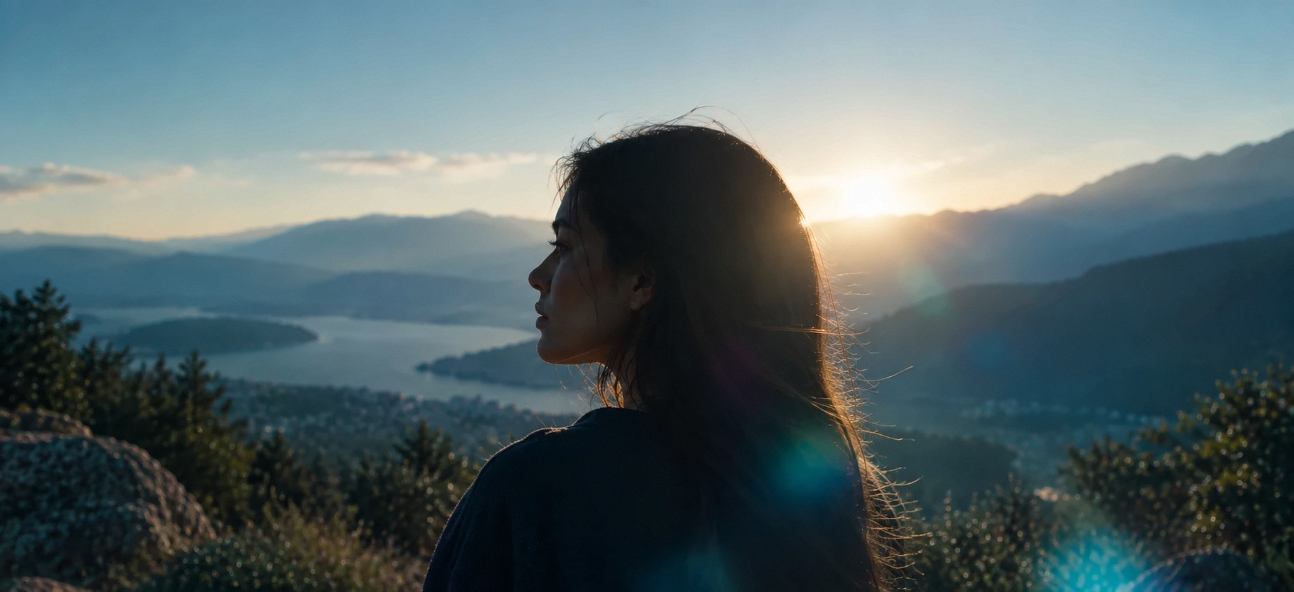 A woman on a mountaintop at golden hour, seen from behind in profile, looking out over a lake and mountains as the sun flares through her hair.