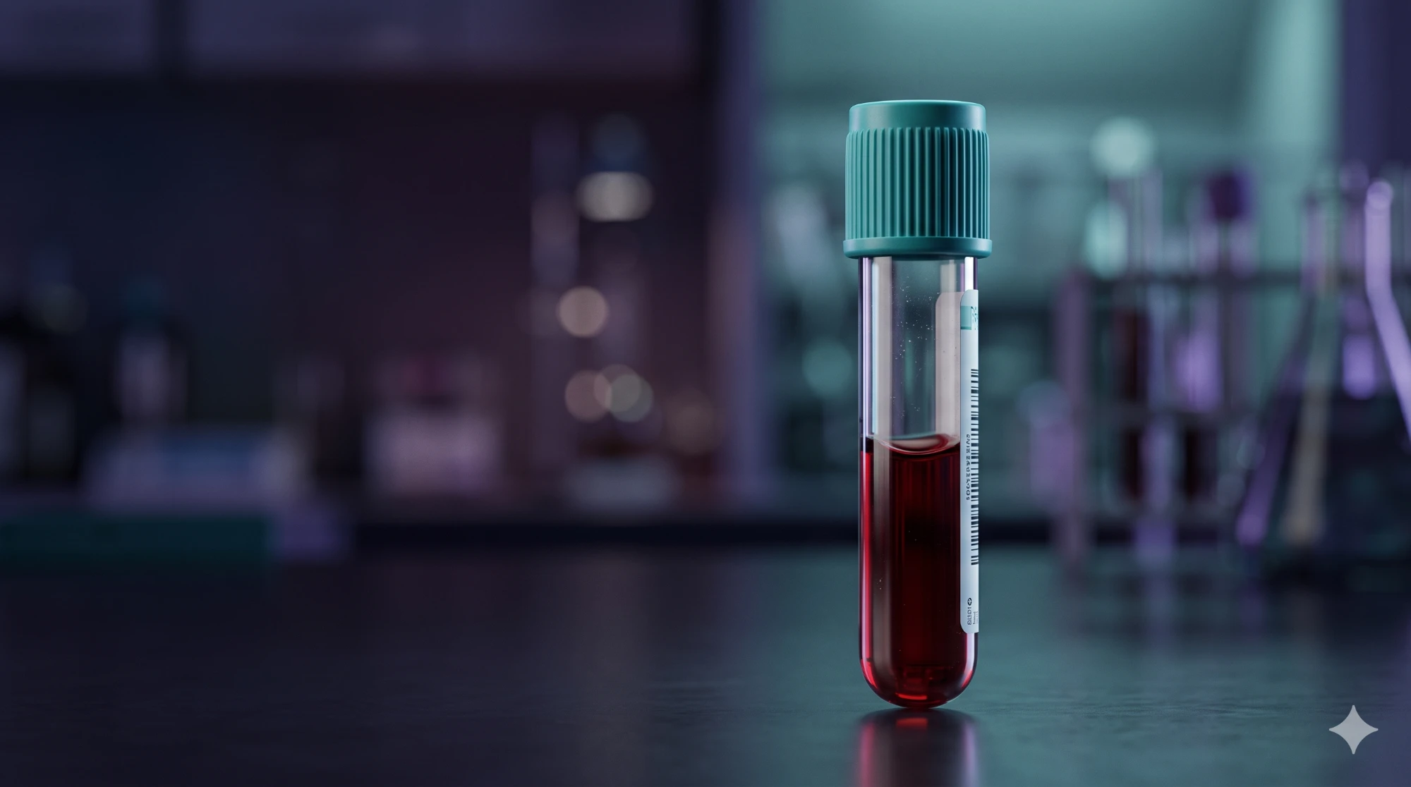 A capped blood sample tube on a laboratory bench, racks of tubes blurred behind it
