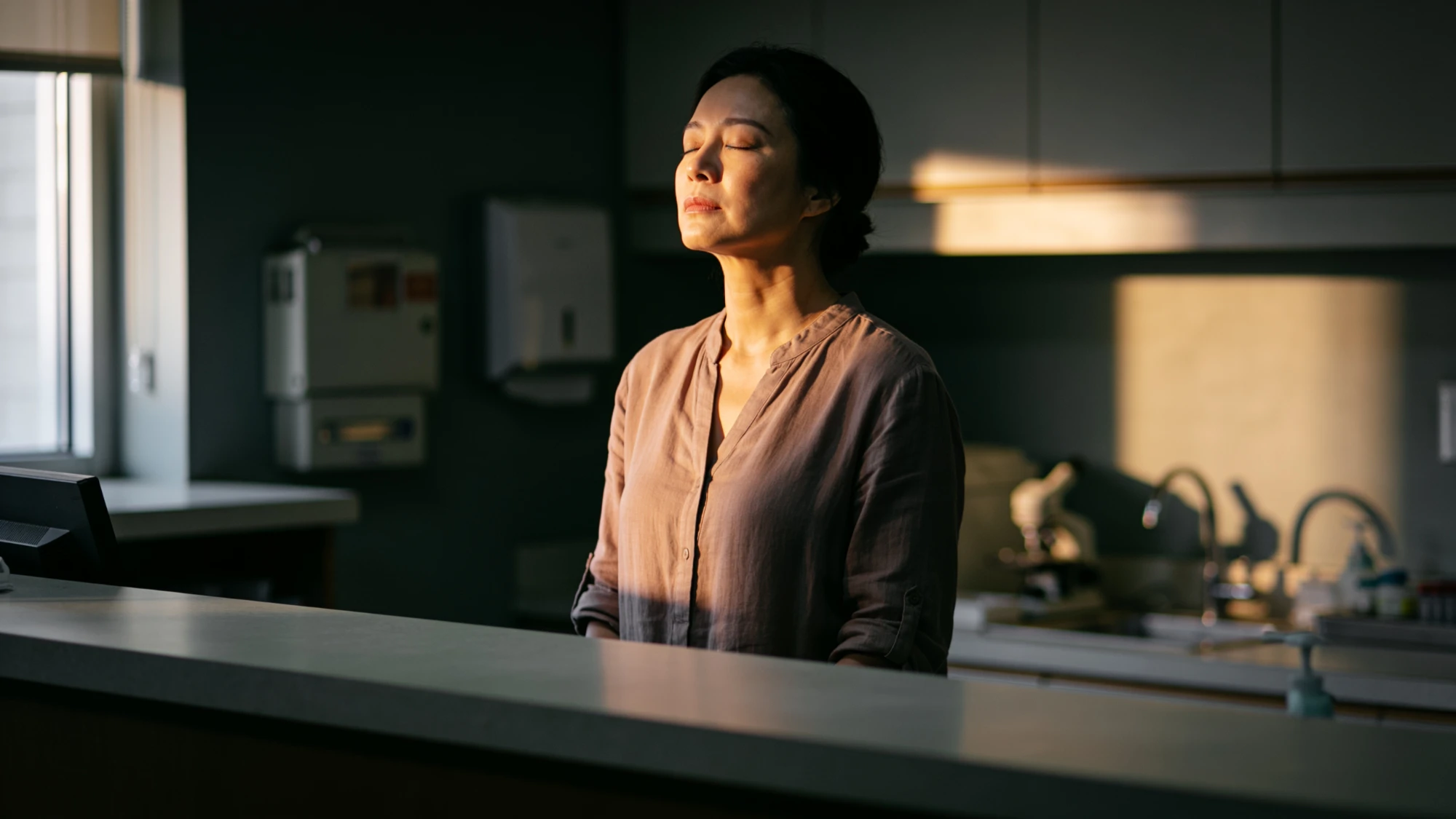 A woman at a lab counter at dawn, eyes closed, sun across her face