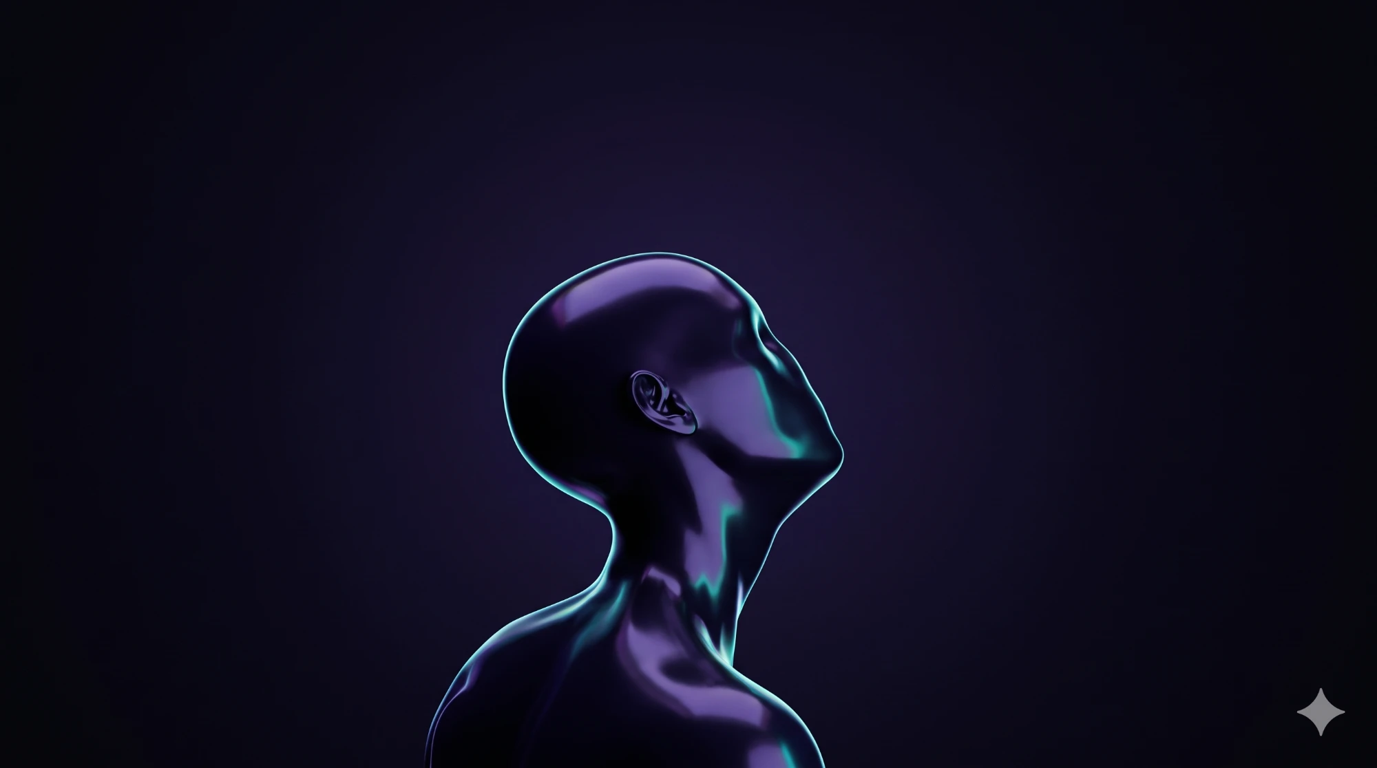 A glossy violet human figure in profile, looking up, edged in teal light