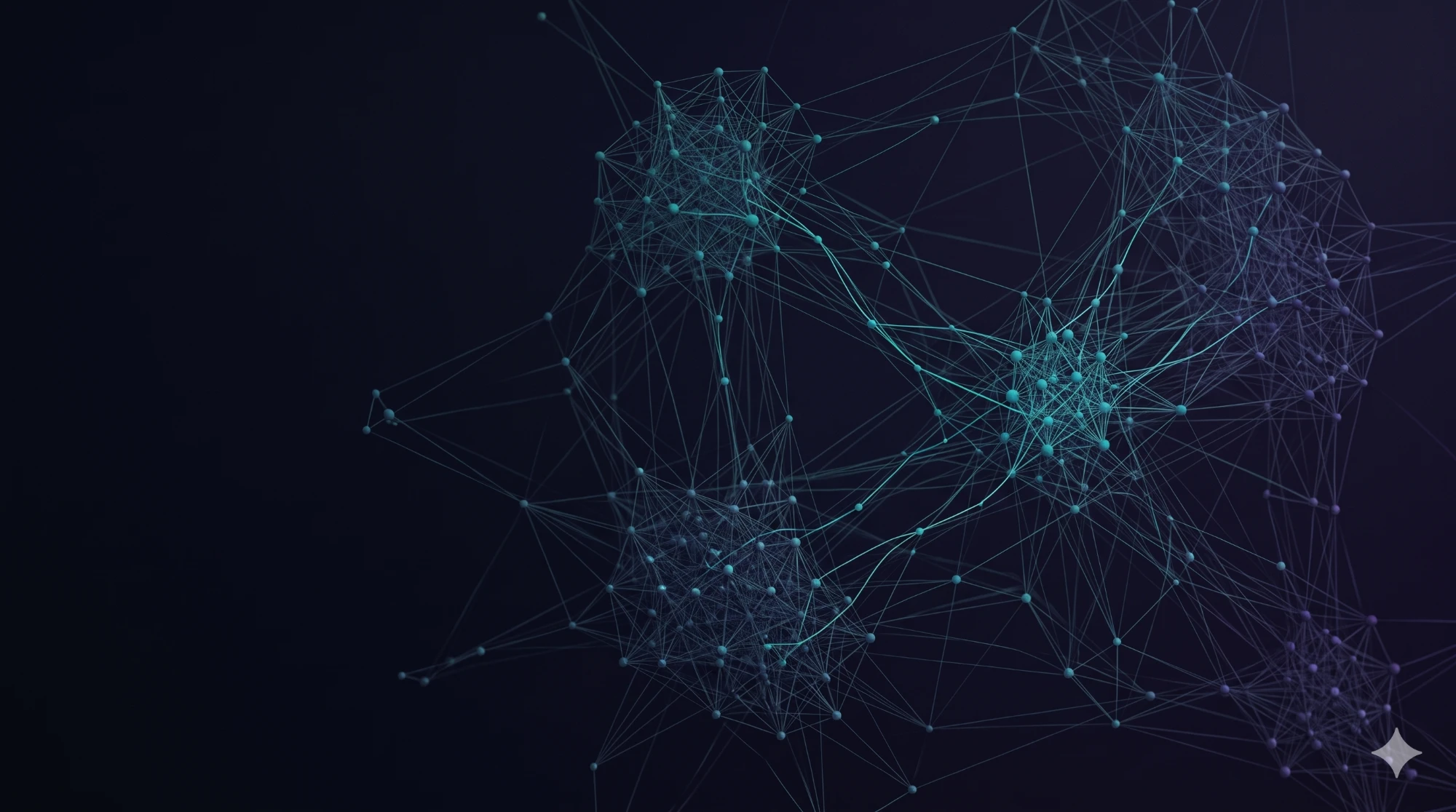 A glowing network of linked points in teal and violet on a dark ground