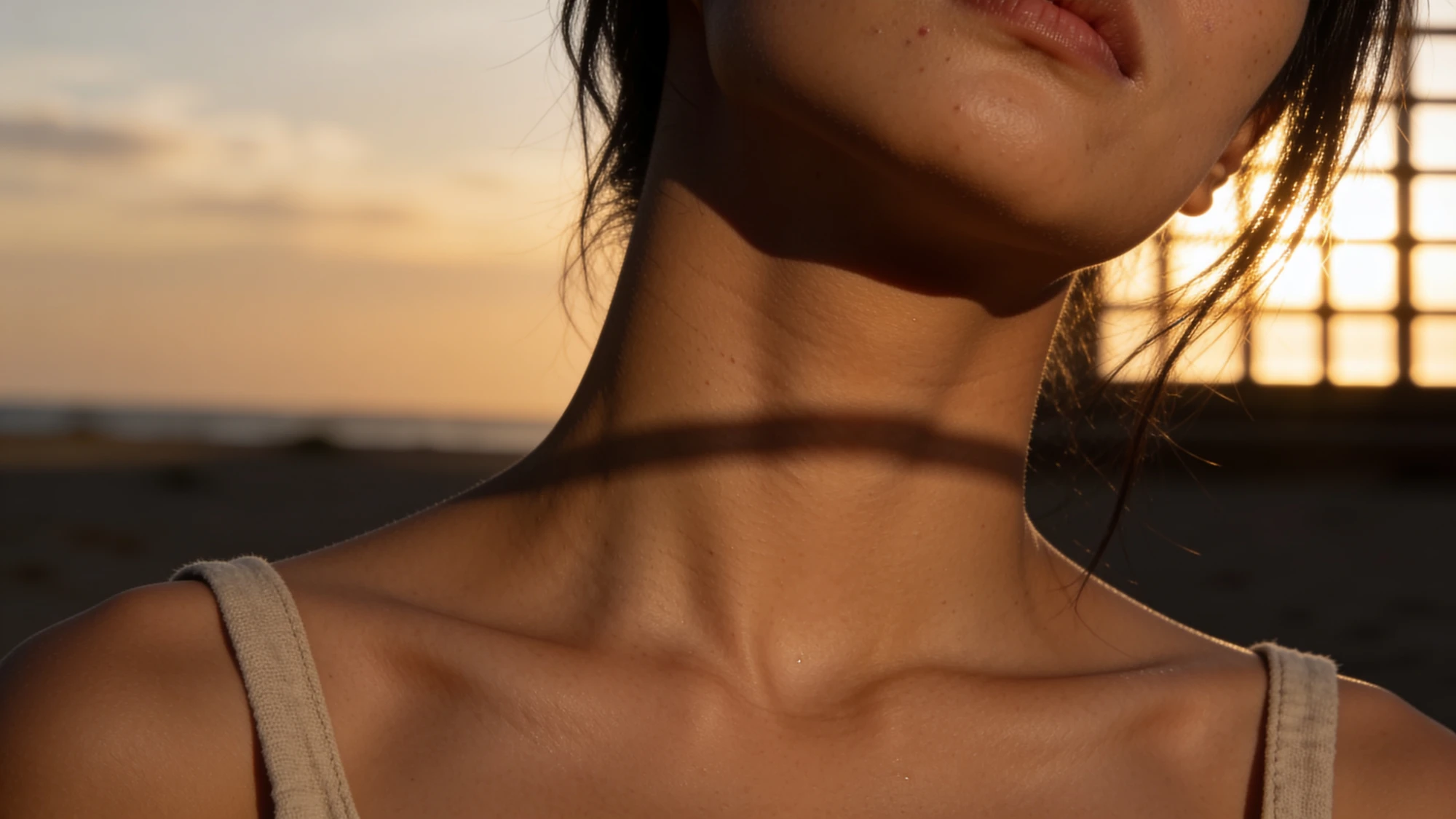 Golden hour on the skin of the neck and jaw