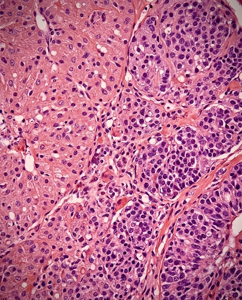 Your own cells under the microscope: a stained tissue section, pink and purple