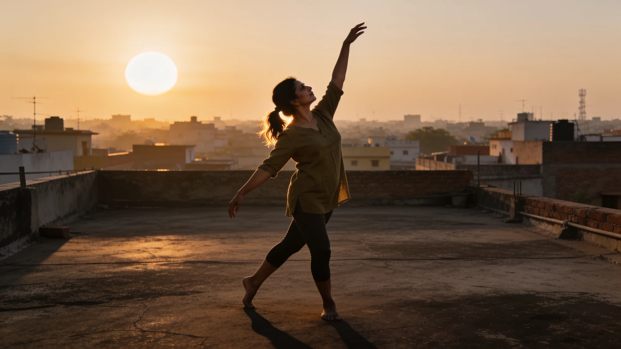A woman moving against a sunrise