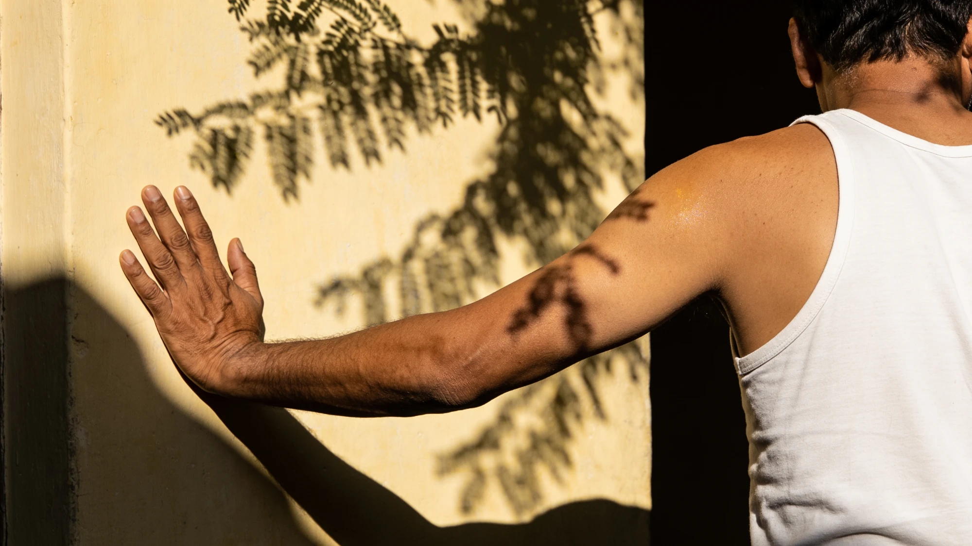 A man's back and arm braced against a sunlit wall
