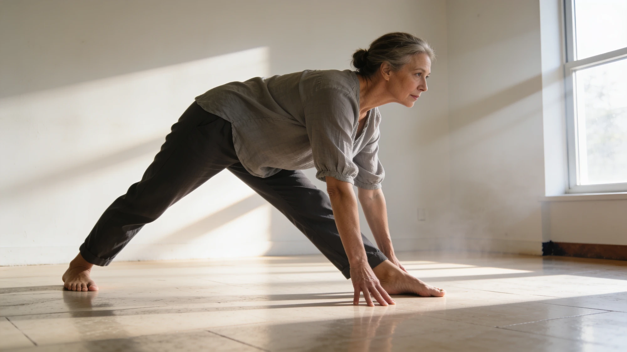 A stretch on a bright studio floor
