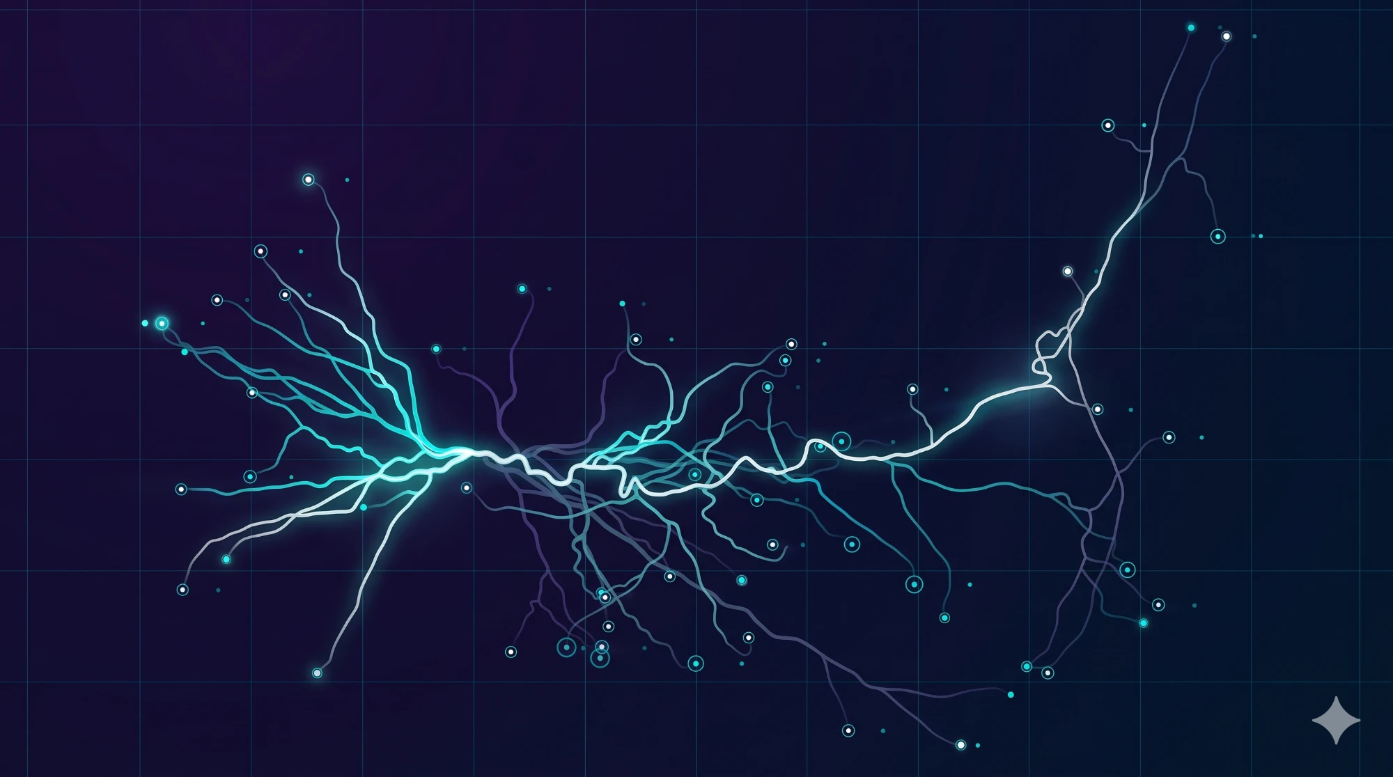 Bright branching signals in teal and white across a dark grid, joining at one point