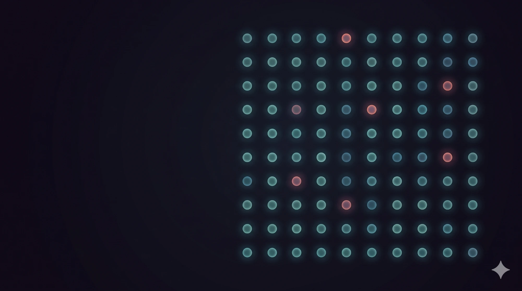 A grid of a hundred softly glowing dots in teal, a handful flagged in coral
