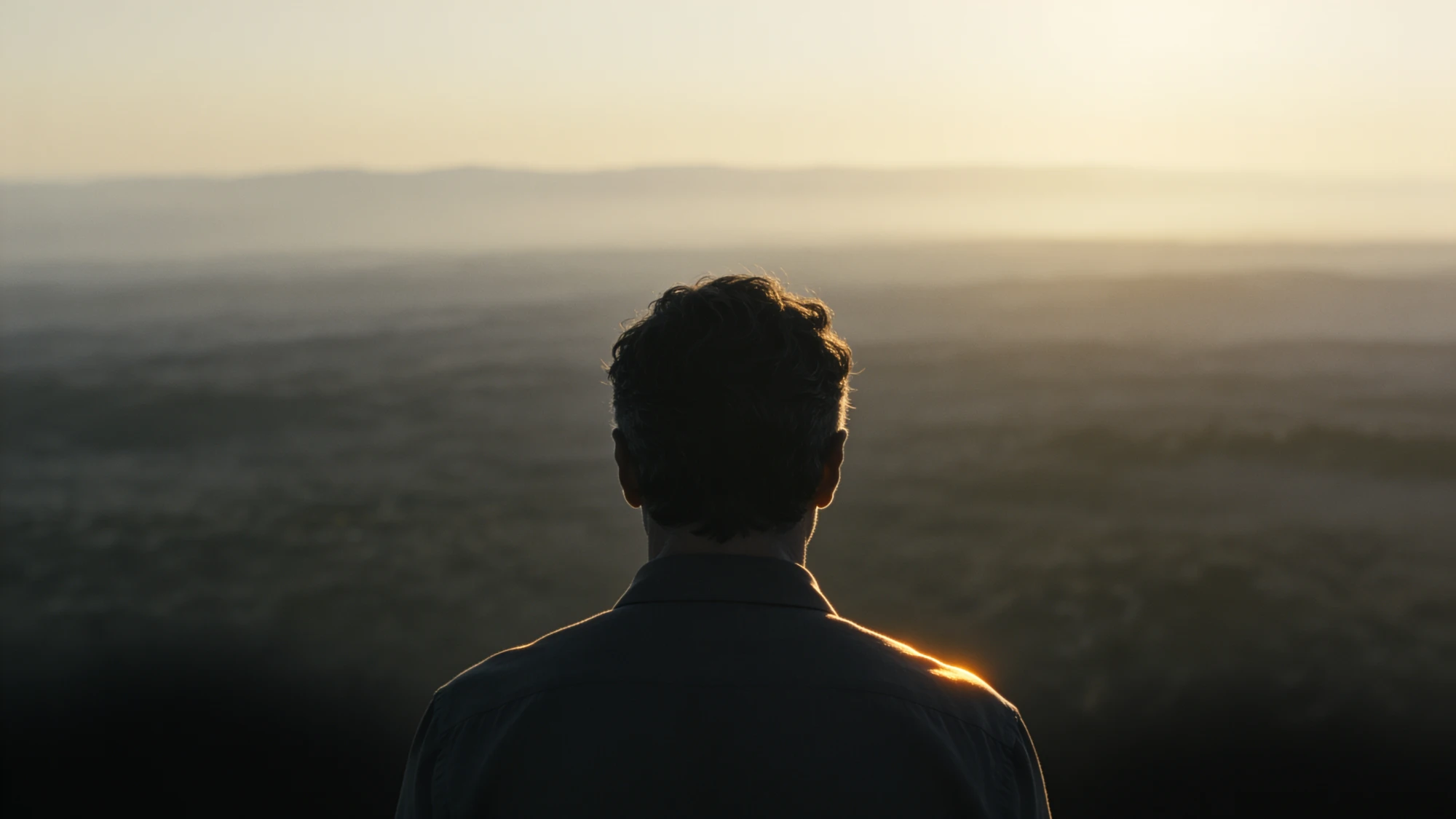 A man on a ridge at sunrise, seen from behind